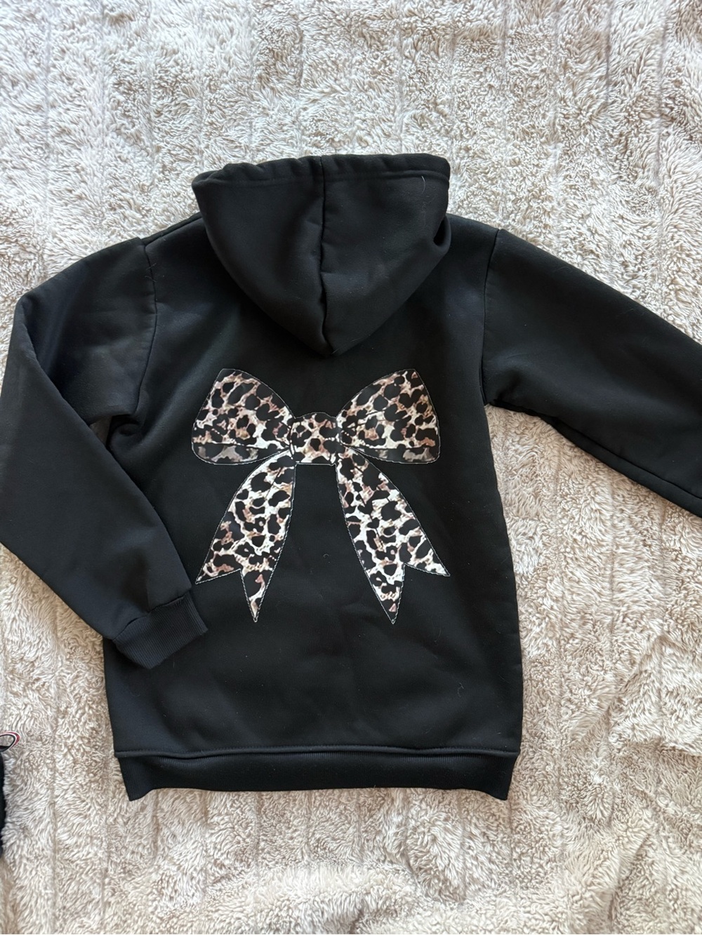 Girls Black Hoodie with Leopard Print Bow Graphic